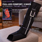 DrAcher AirStride Elite black compression boot on a living-room ottoman with callouts for red light, warmth, 5-chamber compression, cordless use and full-length zipper