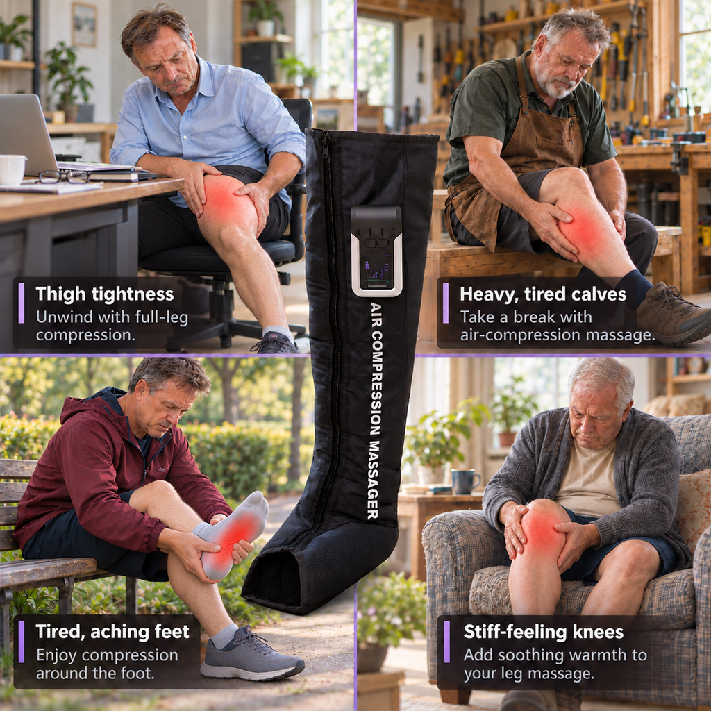 Four everyday leg discomforts next to the DrAcher AirStride Elite boot: thigh tightness, heavy tired calves, tired aching feet and stiff-feeling knees