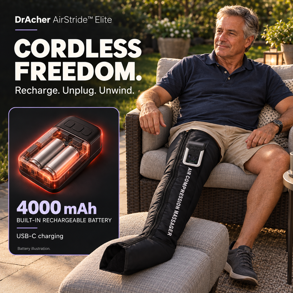 Man relaxing outdoors wearing the DrAcher AirStride Elite boot, with its built-in 4000 mAh rechargeable battery and USB-C charging illustrated