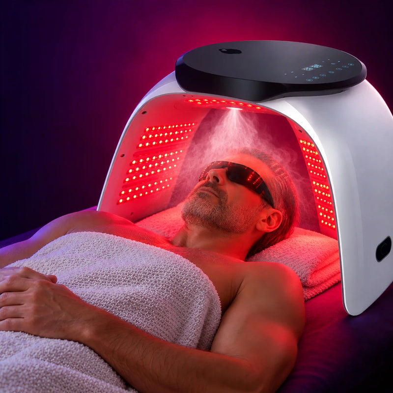 Man relaxing under the DrAcher OmniCanopy LED light arch