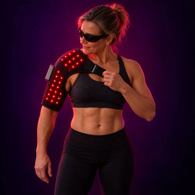 Woman wearing the DrAcher Cape Pro cordless shoulder wrap
