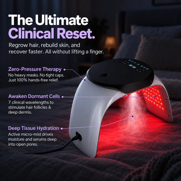 DrAcher OmniCanopy red light canopy on a bedside table with the arch lit red, feature callouts for hands-free use, multiple wavelengths and micro-mist