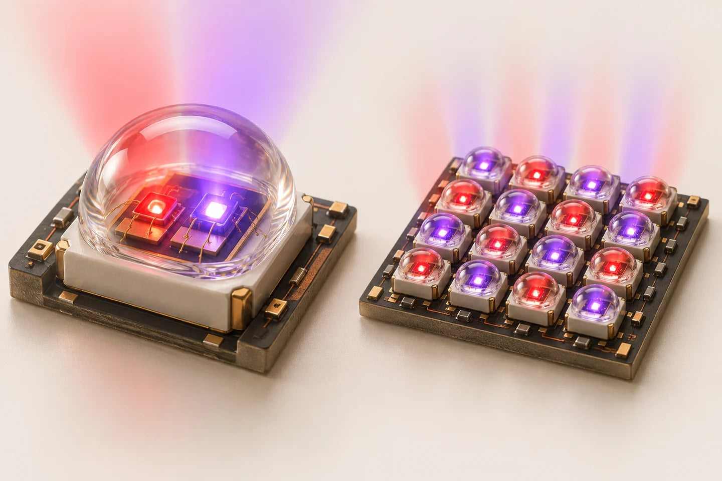 Conceptual render of a dual-emitter LED package beside separate LED packages on a circuit board.