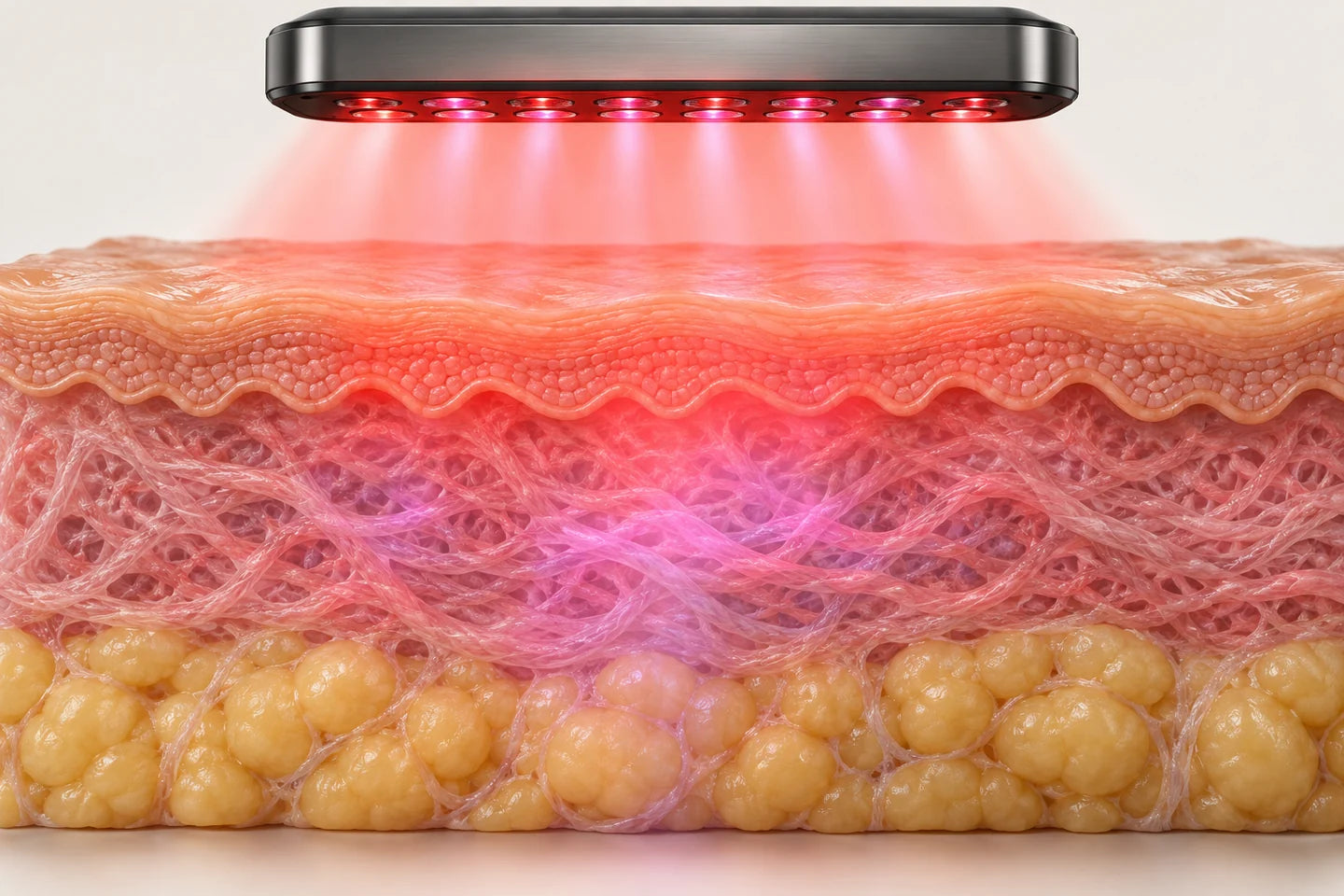 Conceptual light-delivery illustration above a textured three-layer skin cross-section.