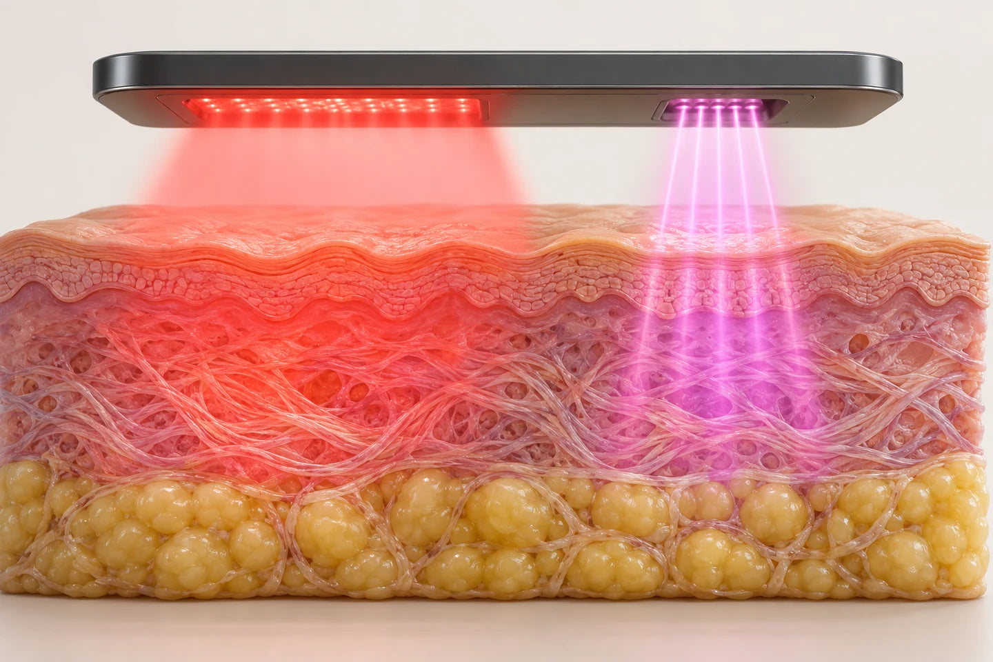 Conceptual illustration of broad LED illumination and focused light beams above a skin cross-section.