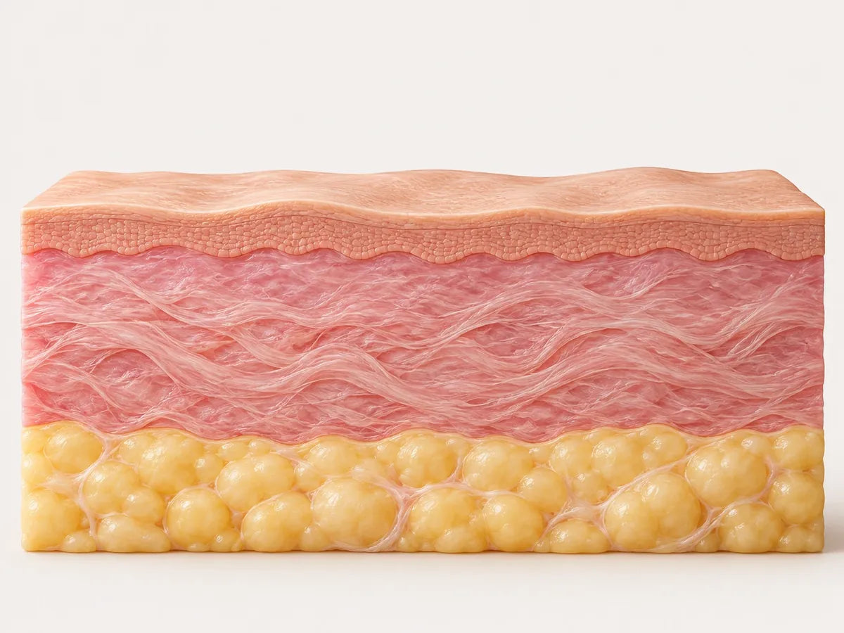 Simplified cross-section showing the epidermis, dermis and subcutaneous tissue